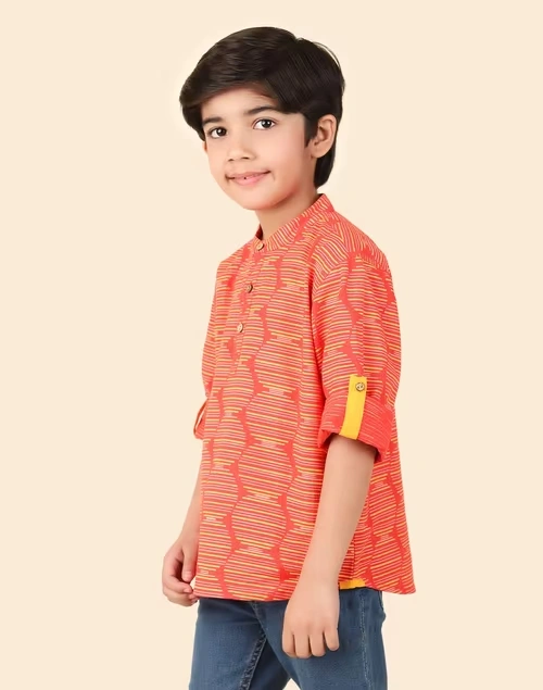 Red Cotton Printed Short Kurta