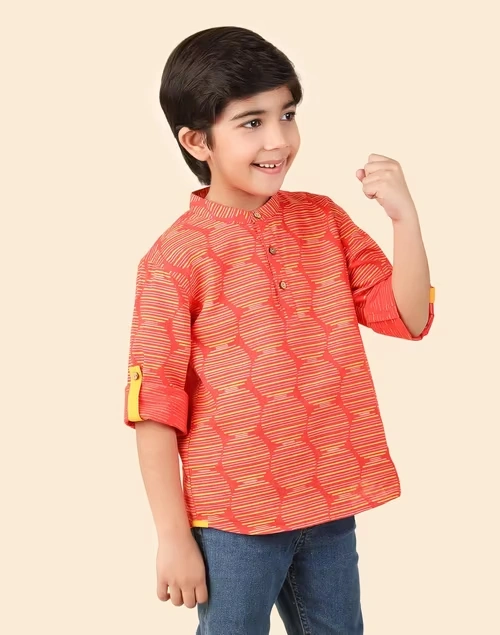 Red Cotton Printed Short Kurta