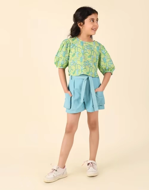 Teal Cotton Printed 2Pc Shorts Set