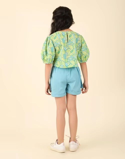 Teal Cotton Printed 2Pc Shorts Set
