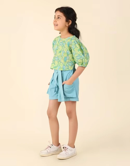 Teal Cotton Printed 2Pc Shorts Set