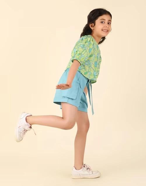 Teal Cotton Printed 2Pc Shorts Set