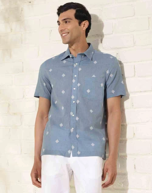 Blue Cotton Dobby Bush Shirt