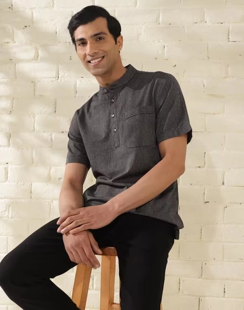 Black Cotton Striped Mid Placket Shirt