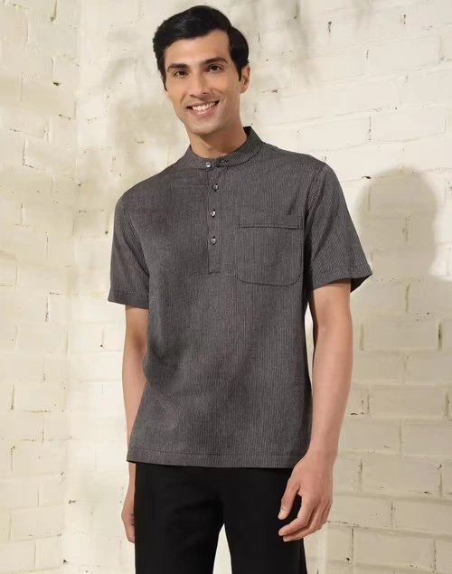 Black Cotton Striped Mid Placket Shirt