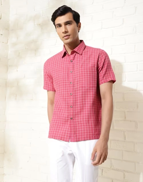 Red Cotton Checks Bush Shirt