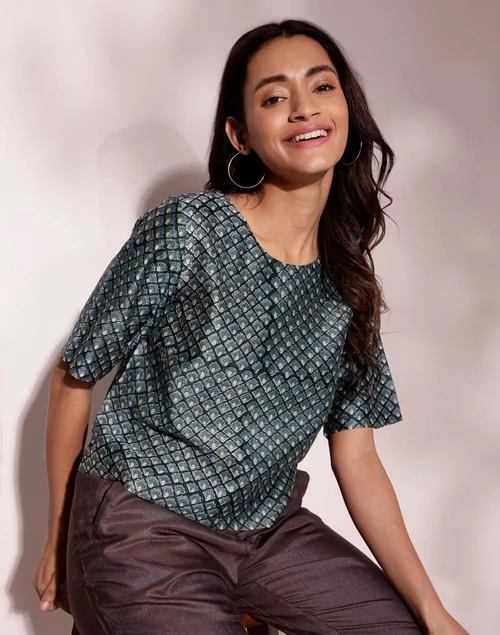 Blue Cotton Silk Hand Block Printed Short Top