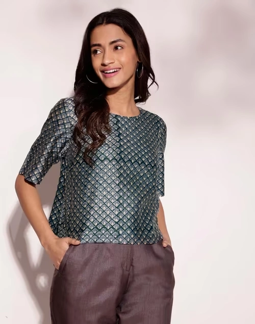 Blue Cotton Silk Hand Block Printed Short Top