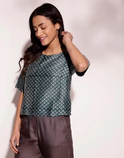 Blue Cotton Silk Hand Block Printed Short Top 3 Blue Cotton Silk Hand Block Printed Short Top