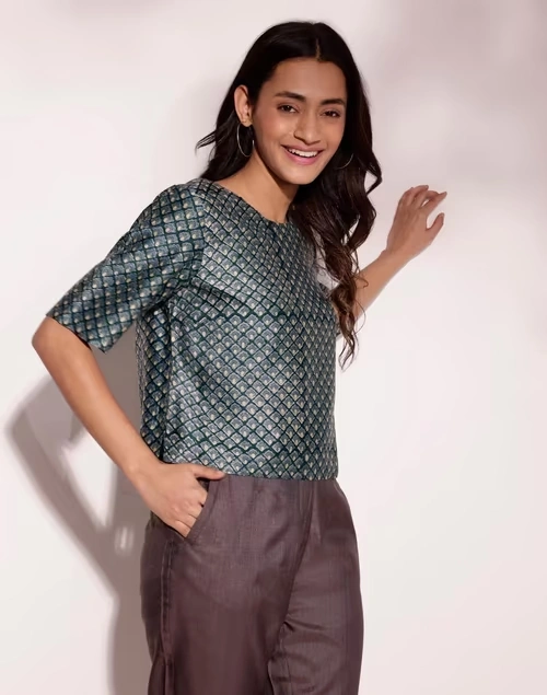 Blue Cotton Silk Hand Block Printed Short Top 4 Blue Cotton Silk Hand Block Printed Short Top