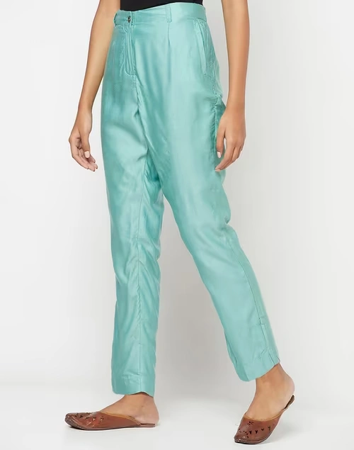 Blue Viscose Silk Slim Fit Formal Kosi Pant