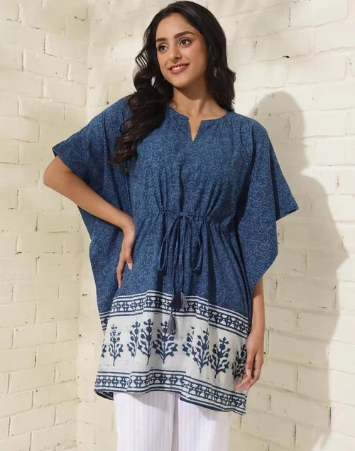 Indigo Cotton Dabu Printed Kaftan