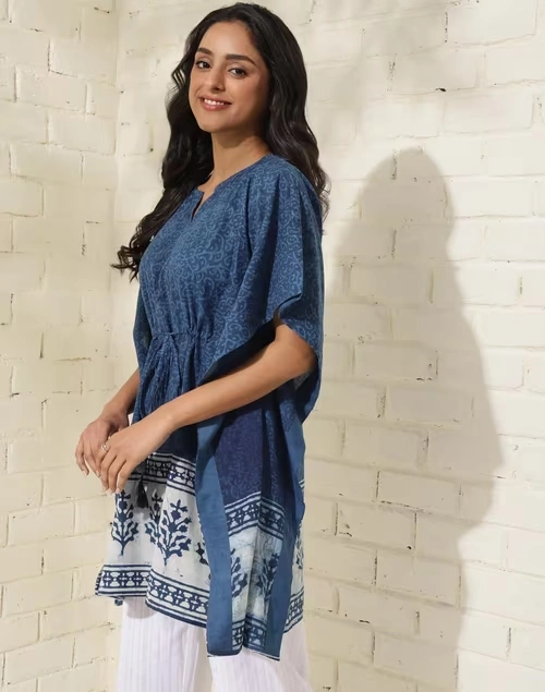 Indigo Cotton Dabu Printed Kaftan