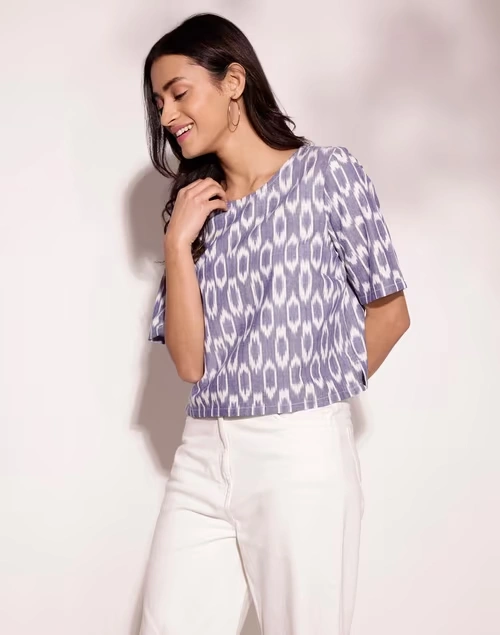 Blue Cotton Ikat Short Top 3 Blue Cotton Ikat Short Top