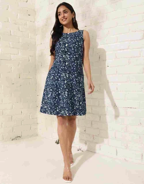 Blue Cotton Blend Hand Block Printed Midi Dress