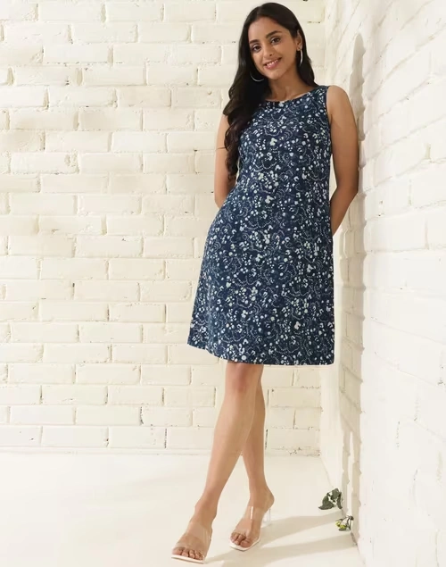 Blue Cotton Blend Hand Block Printed Midi Dress