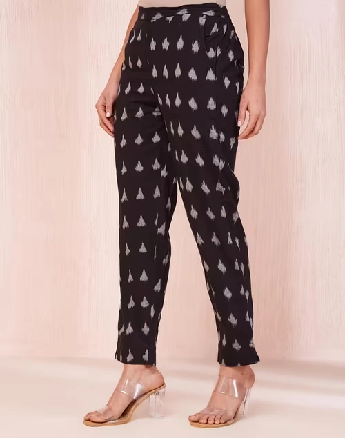Black Cotton Blend Ikat Casual Tapered Pant 3 Black Cotton Blend Ikat Casual Tapered Pant