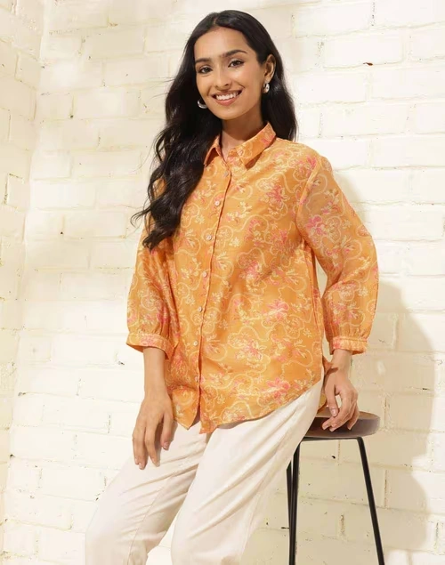 Yellow Cotton Silk Printed Shirt