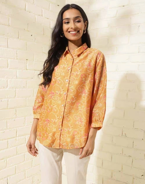 Yellow Cotton Silk Printed Shirt