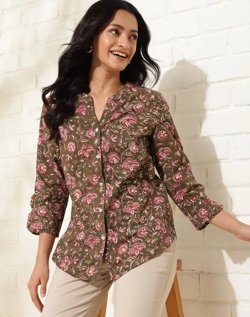 Brown Cotton Hand Block Printed Shirt