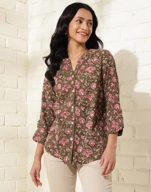 Brown Cotton Hand Block Printed Shirt