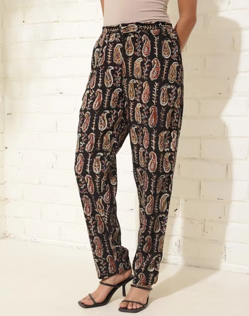 Black Viscose Kalamkari Printed Casual Tapered Pant