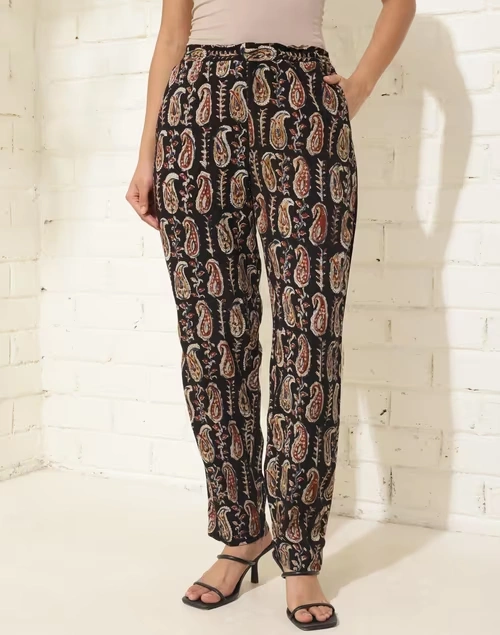 Black Viscose Kalamkari Printed Casual Tapered Pant