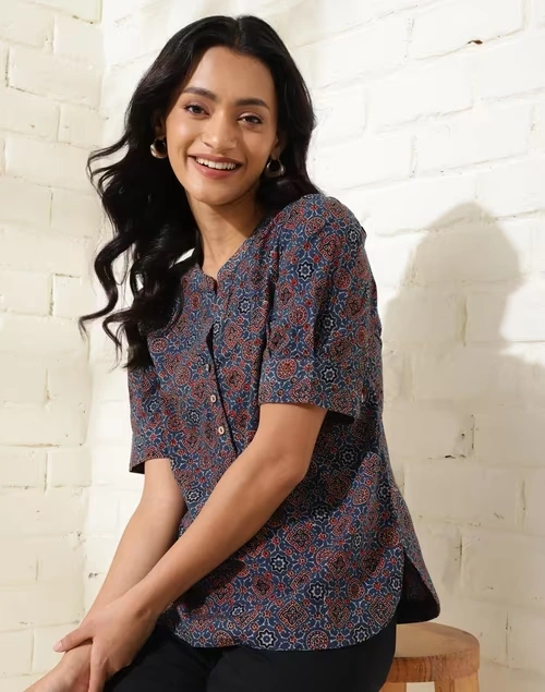 Blue Cotton Ajrakh Printed Top