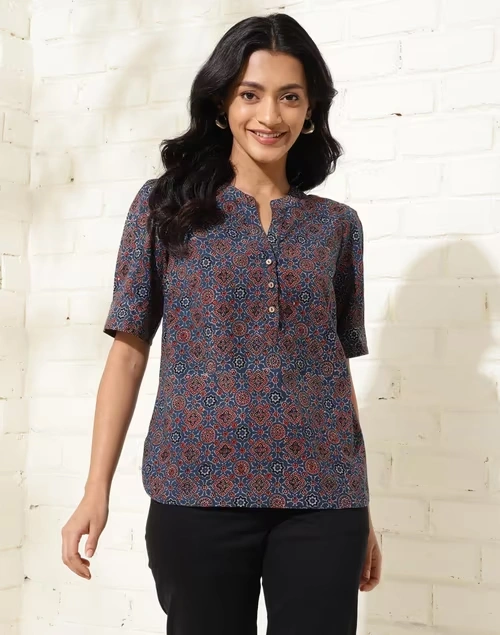 Blue Cotton Ajrakh Printed Top