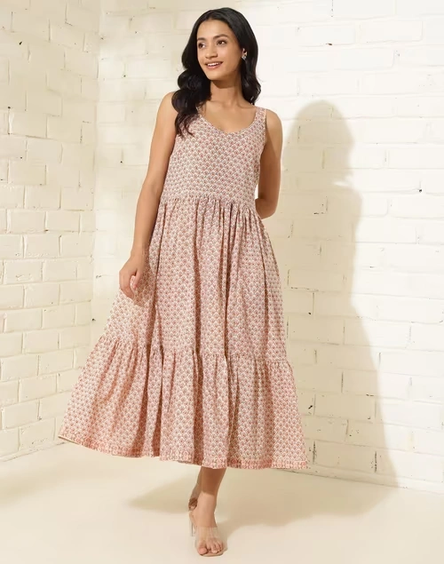 Natural Cotton Hand Block Printed Midi Dress