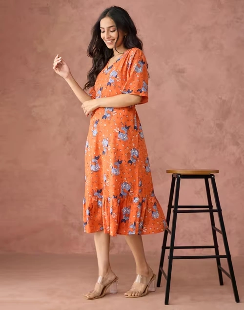 Orange Cotton Hand Block Printed Peony Ruffle Midi Dress
