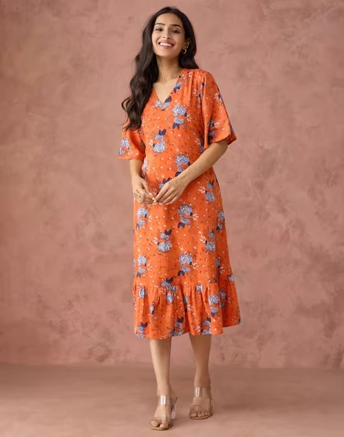 Orange Cotton Hand Block Printed Peony Ruffle Midi Dress