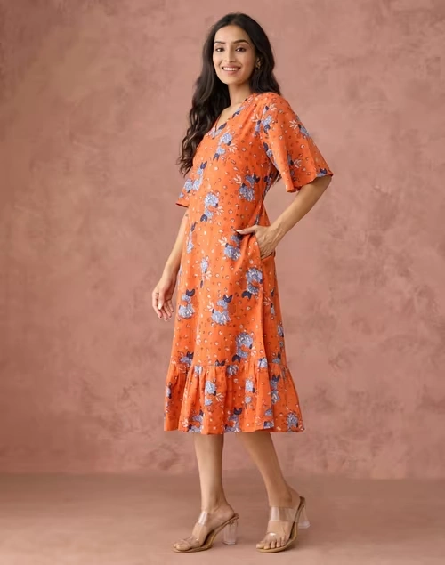 Orange Cotton Hand Block Printed Peony Ruffle Midi Dress