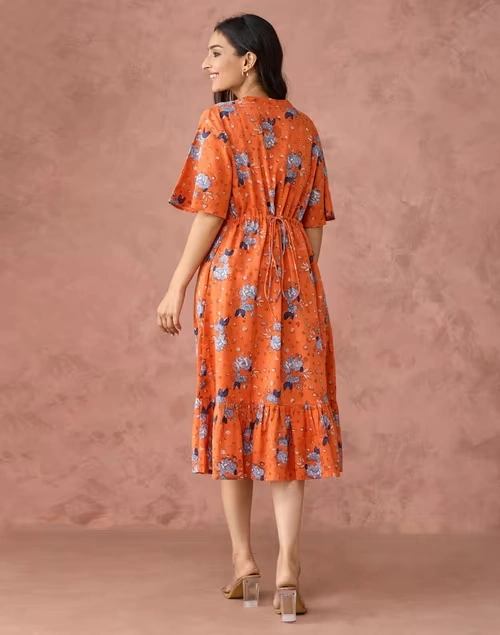 Orange Cotton Hand Block Printed Peony Ruffle Midi Dress