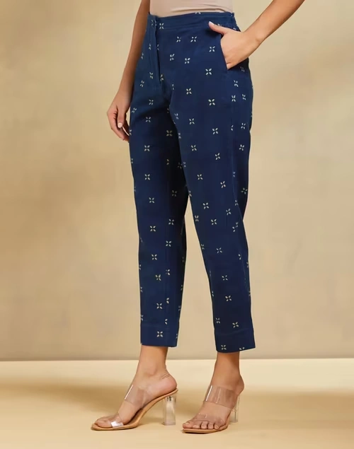 Blue Cotton Hand Block Printed Slim Fit Casual Cropped Pant