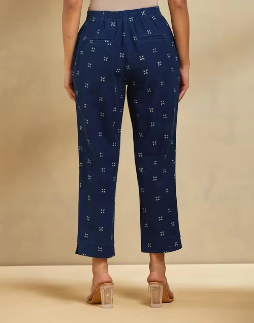 Blue Cotton Hand Block Printed Slim Fit Casual Cropped Pant 3 Blue Cotton Hand Block Printed Slim Fit Casual Cropped Pant