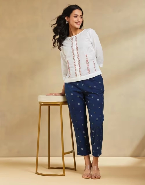 Blue Cotton Hand Block Printed Slim Fit Casual Cropped Pant 4 Blue Cotton Hand Block Printed Slim Fit Casual Cropped Pant