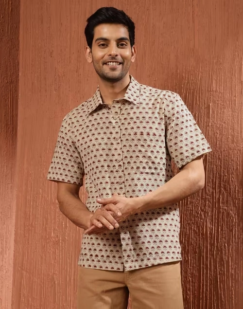 Beige Cotton Bagru Printed Bush Shirt
