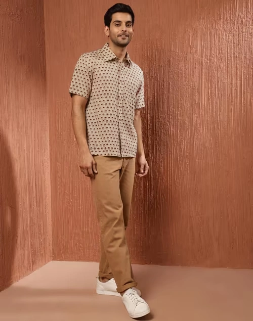 Beige Cotton Bagru Printed Bush Shirt