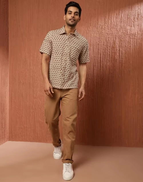 Beige Cotton Bagru Printed Bush Shirt 3 Beige Cotton Bagru Printed Bush Shirt