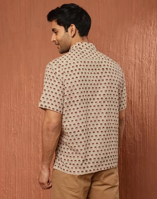 Beige Cotton Bagru Printed Bush Shirt 4 Beige Cotton Bagru Printed Bush Shirt