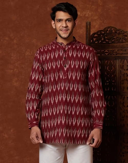 Wine Cotton Ikat Slim Fit Short Kurta