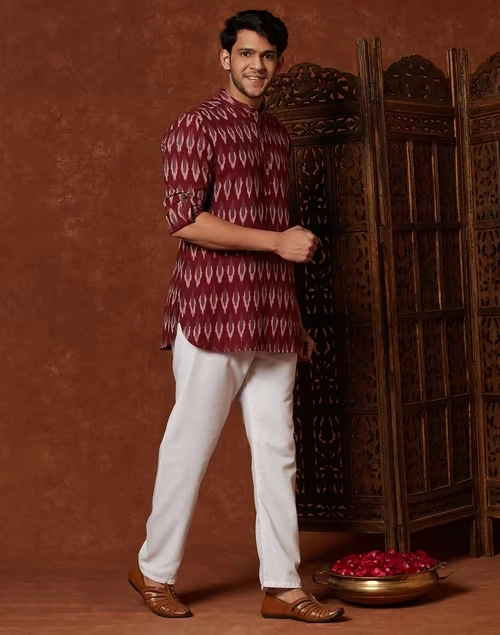 Wine Cotton Ikat Slim Fit Short Kurta