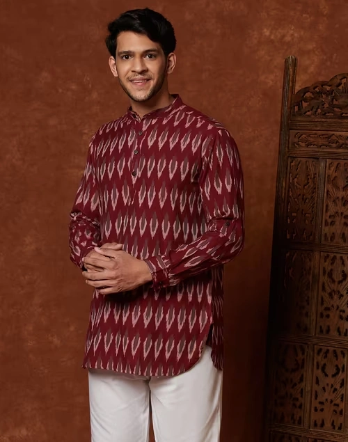 Wine Cotton Ikat Slim Fit Short Kurta 4 Wine Cotton Ikat Slim Fit Short Kurta