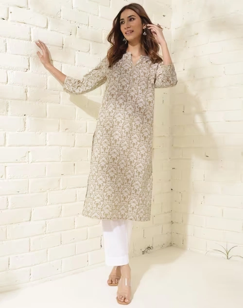 Beige Cotton Printed Long Kurta