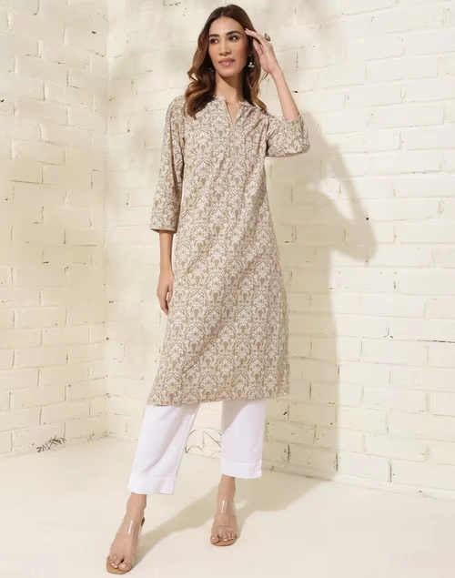 Beige Cotton Printed Long Kurta