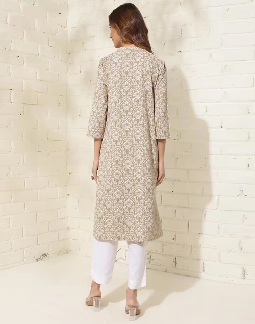 Beige Cotton Printed Long Kurta 4 Beige Cotton Printed Long Kurta