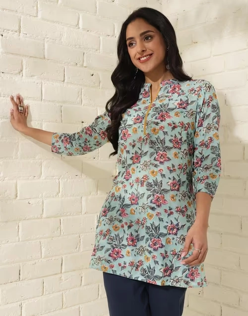 Blue Cotton Viscose Hand Block Printed Slim Fit Short Kurta