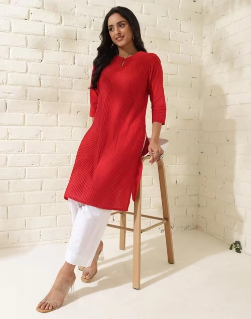 Maroon Cotton Knee Length Slim Fit Knee Length Kurta