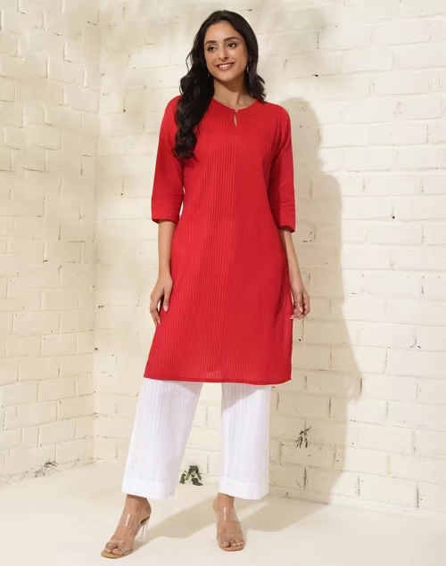 Maroon Cotton Knee Length Slim Fit Knee Length Kurta